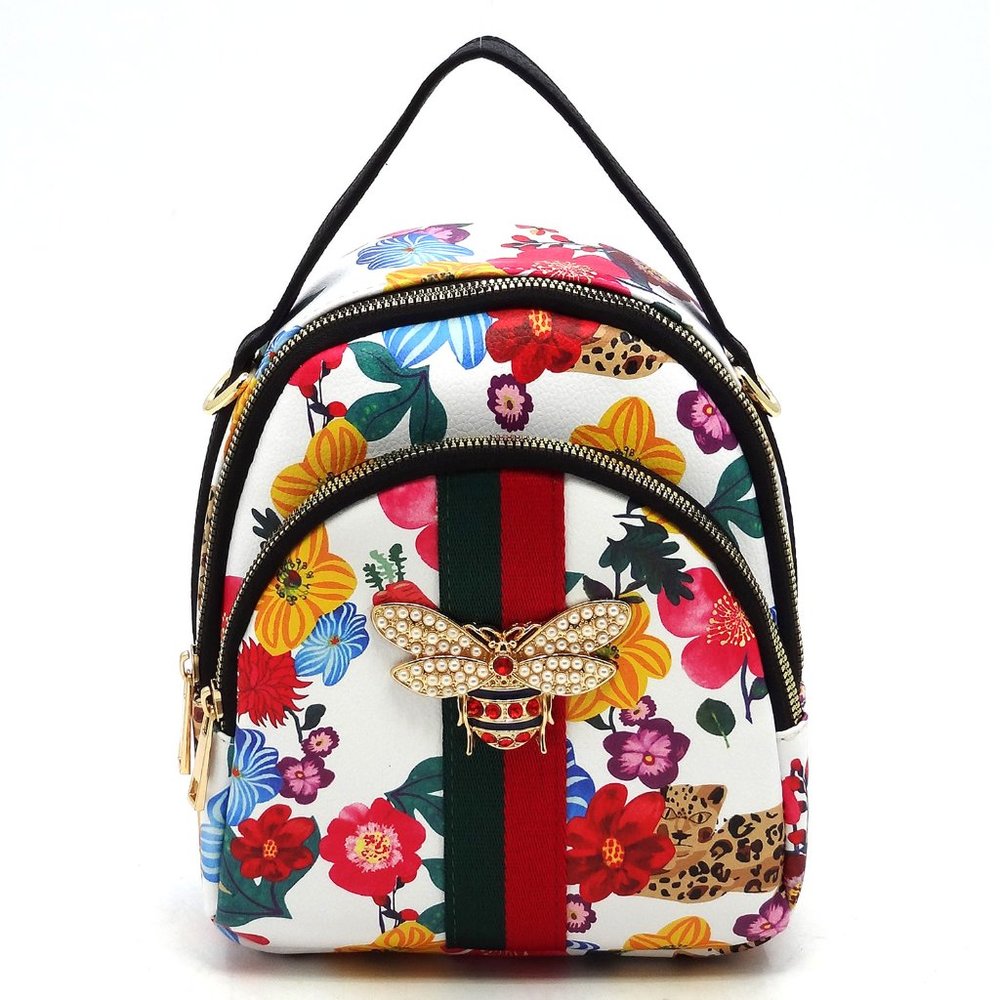 Floral Print Backpack with Embellished Bee